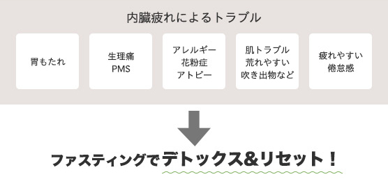 胃もたれ、生理痛、アレルギー、花粉症、アトピー、肌のトラブル、吹き出物、疲れやすい、倦怠感など、ファスティングでデトックス＆リセット！